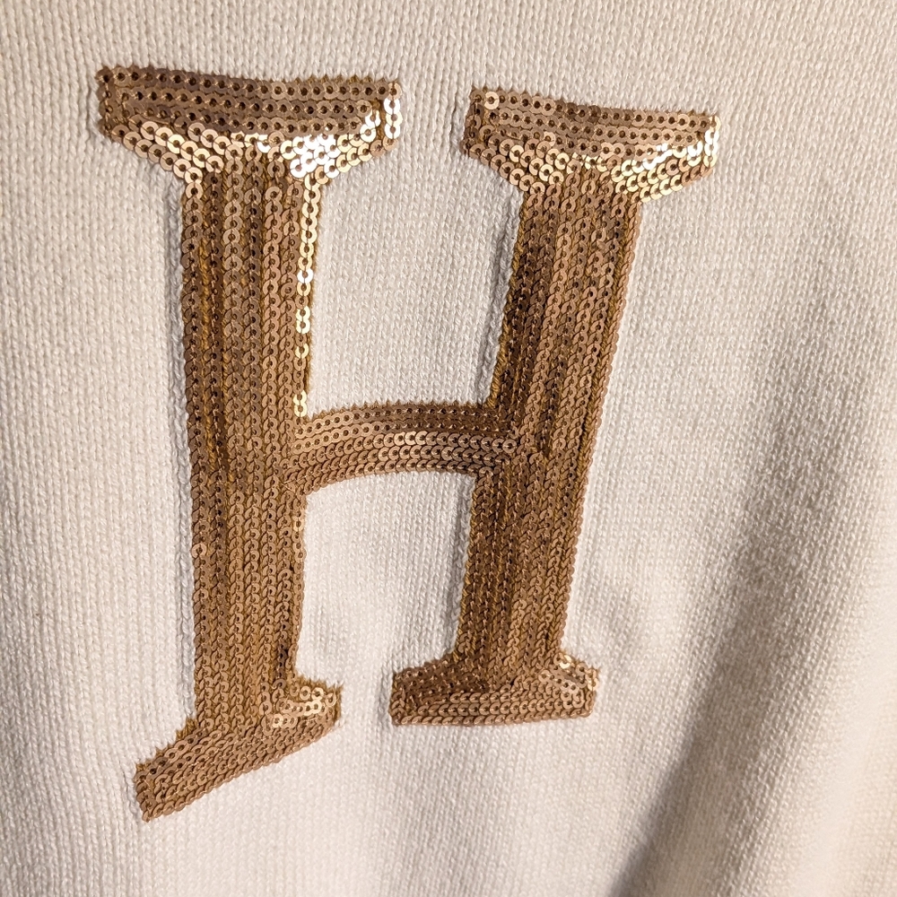 2013 Tommy Hilfiger Sequin Logo 100% Cotton V Neck Knit Sweater Size XS - Picture 2 of 12